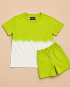 Green Dip Tie and Dye T-shirt with round neck and half sleeve and green shorts.