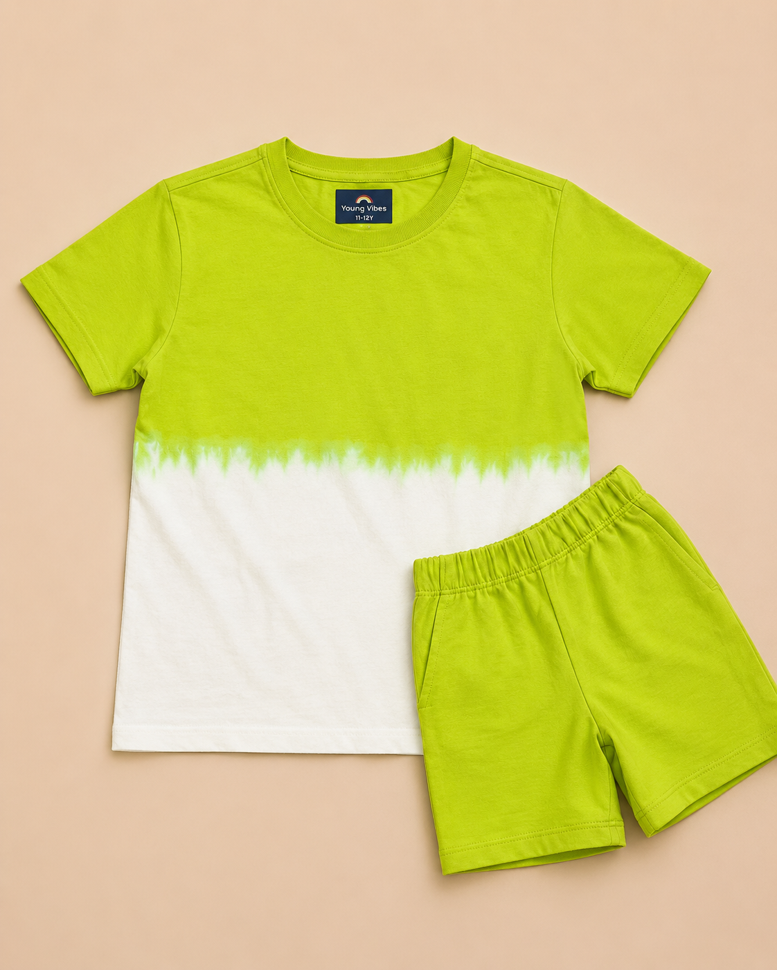 Green Dip Tie and Dye T-shirt with round neck and half sleeve and green shorts.