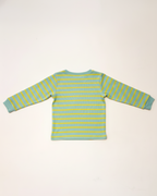 Green and yellow striped long-sleeve shirt on a white background