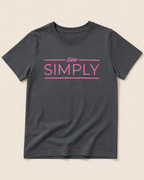 Grey T-shirt with Live Simply print placed on light beige background