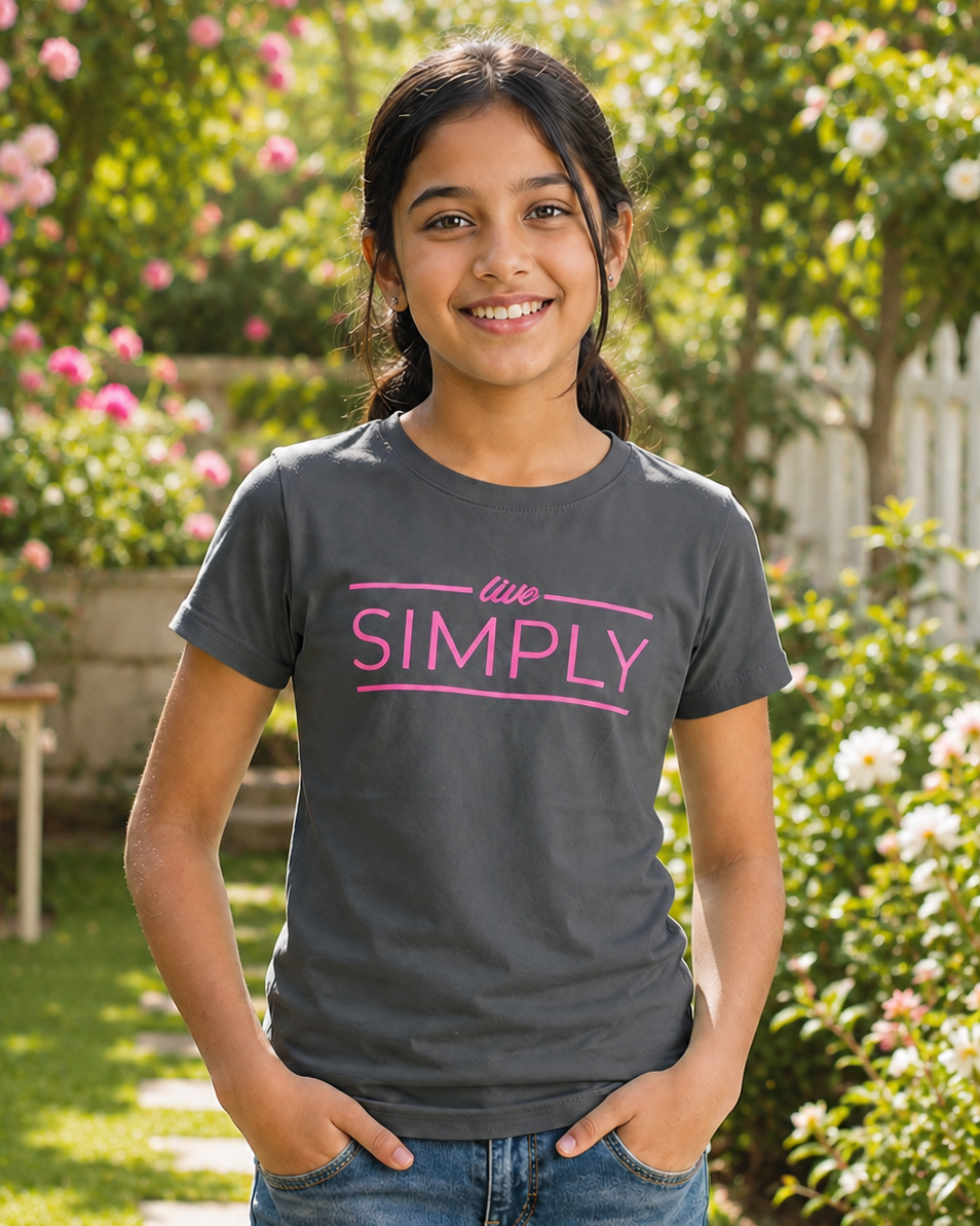 Girl wearing a Grey T-shirt with Live Simply print