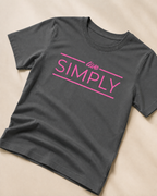 Grey T-shirt with Live Simply print close view of the print  placed on light beige background