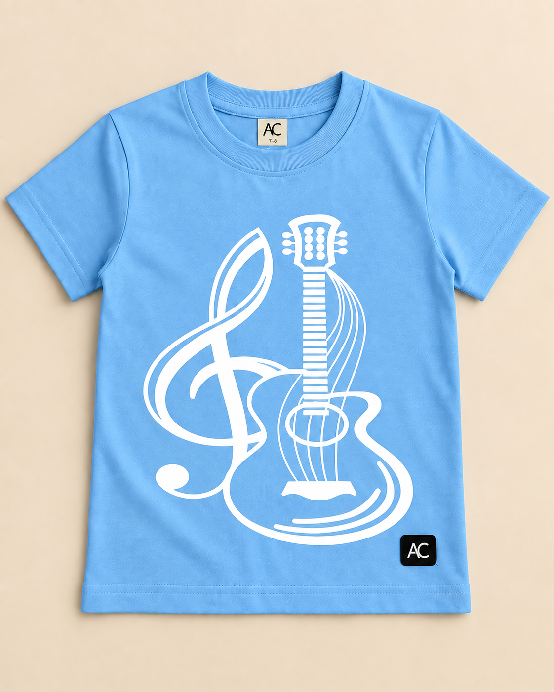 Guitar Blue Half sleeve T-shirt placed on the light beige background