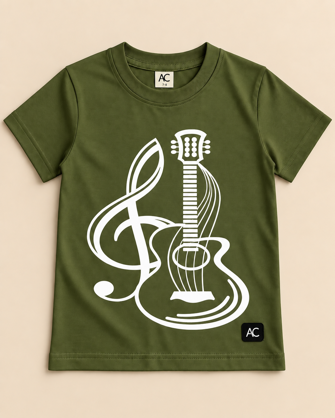 Guitar Olive Green Half sleeve T-shirt placed on the light beige background
