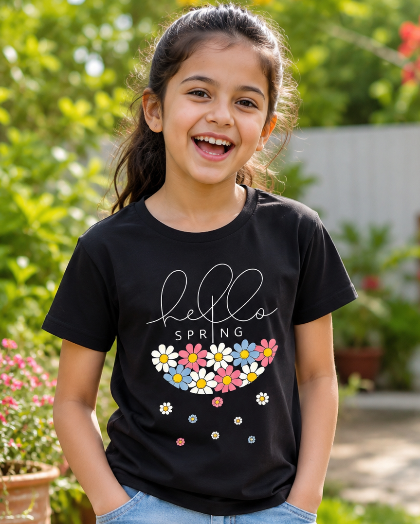 Girl with Hello spring print in Black T-shirt