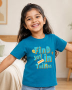Girl wearing a print in Kids Teal Blue T-shirt