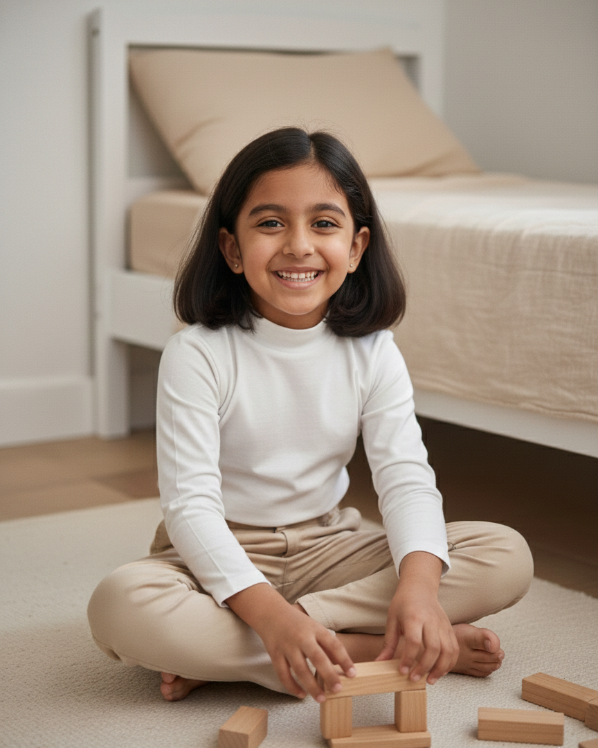 Kid wearing White long-sleeve shirt with a ruffled collar on a minimalist bedroom background