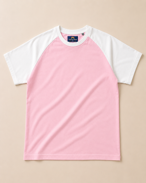 Kids Baby Pink with White Raglan Sleeve Cotton T-shirt Placed on lite beige background