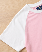 Kids Baby Pink with White Raglan Sleeve Cotton T-shirt focus on neck and sleeve part