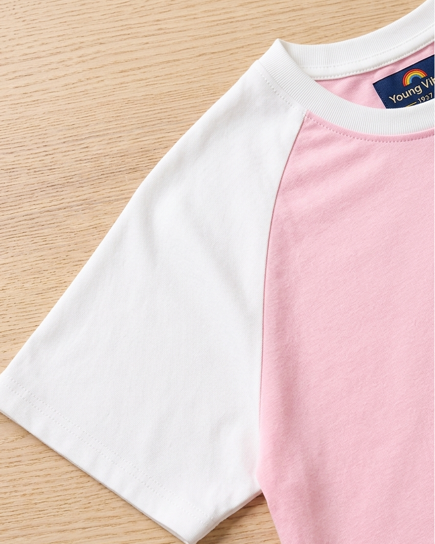 Kids Baby Pink with White Raglan Sleeve Cotton T-shirt focus on neck and sleeve part