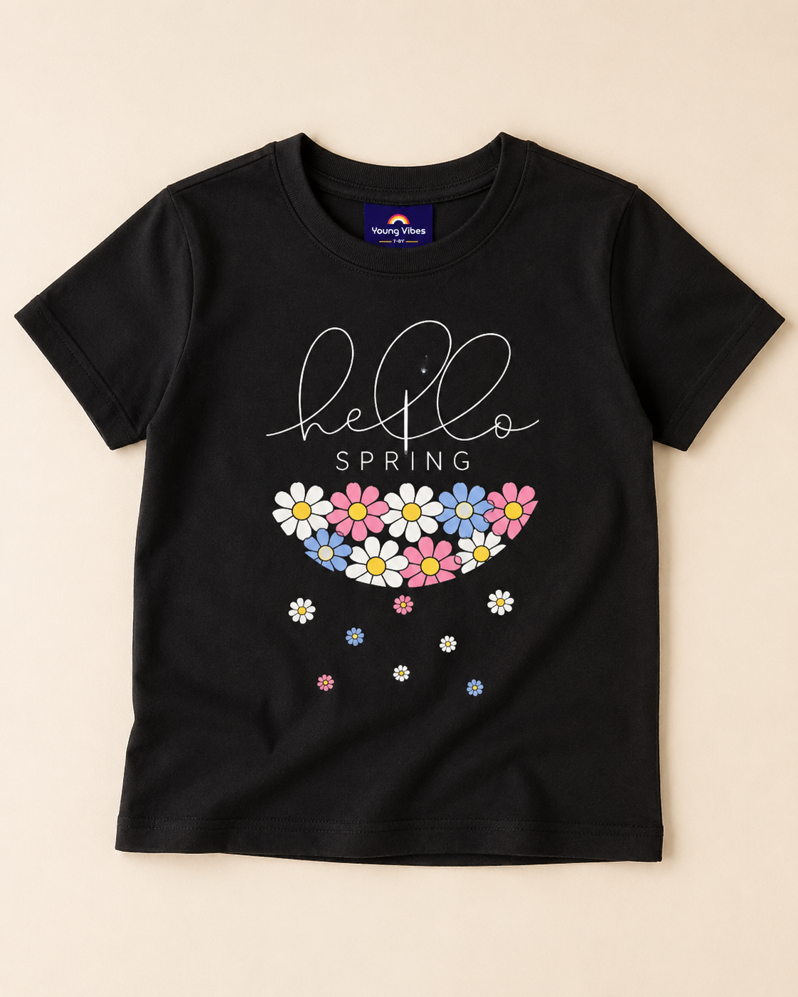 Hello spring print in Black T-shirt placed on the light beige background