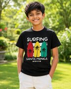 Boy wearing a Black T-shirt with surfing print