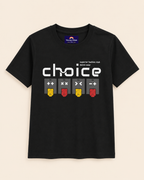 Black t-shirt with Choice print details with gaming symbol placed on the light beige background