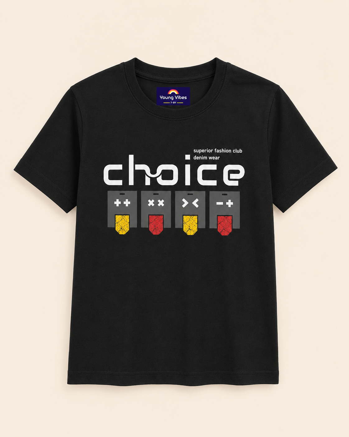 Black t-shirt with Choice print details with gaming symbol placed on the light beige background