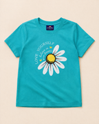 Blue Green T-shirt with Sunflower print placed on the light beige background