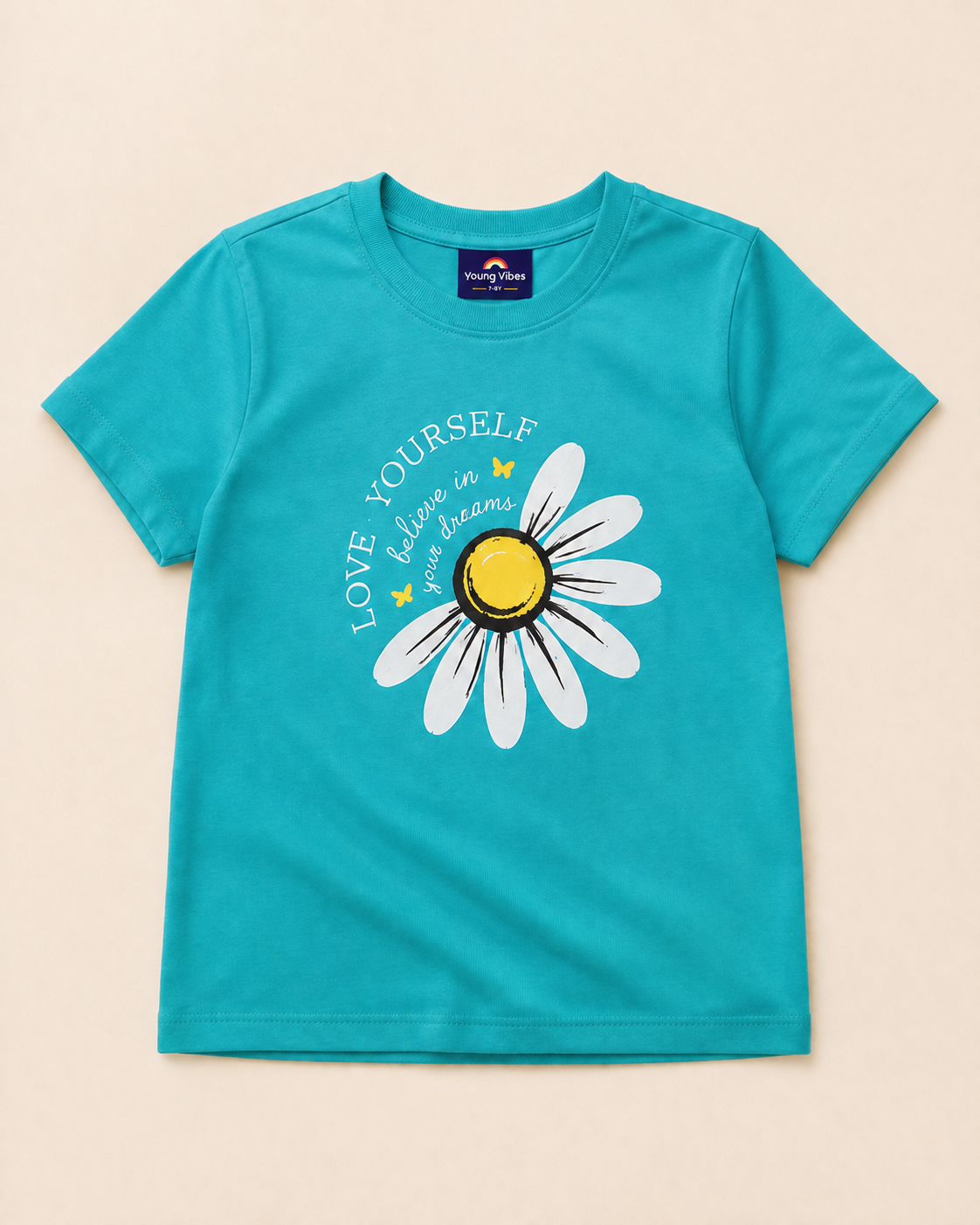 Blue Green T-shirt with Sunflower print placed on the light beige background