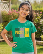 Girl wearing a Green T-shirt with Possible print