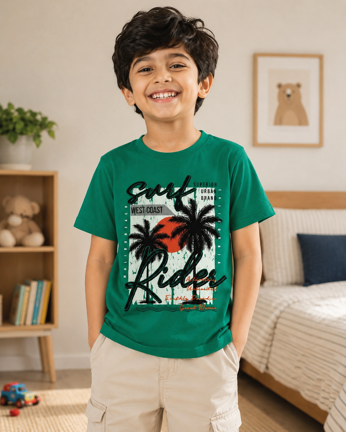 Boy wearing green colour Urban design T-shirt