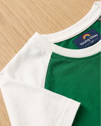 Kids Green with White Raglan Sleeve Cotton T-shirt focus on neck and sleeve part