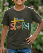 Muddy Green kids T-shirt with True story colourful print close view