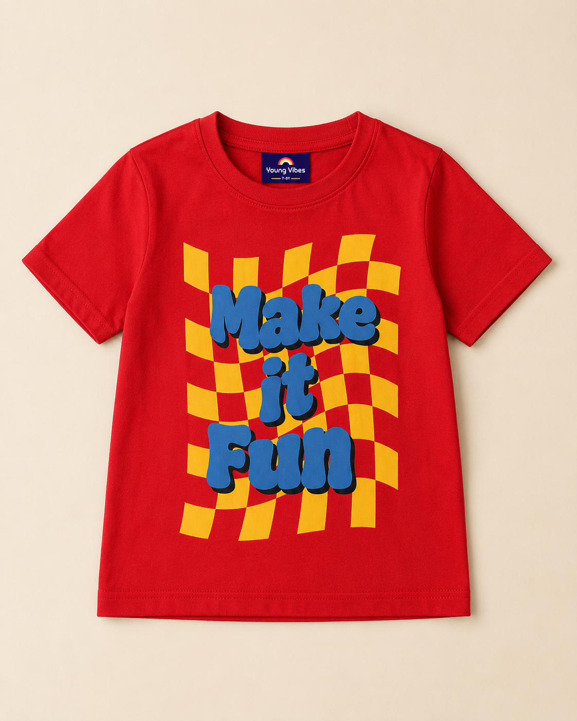 Red colour T shirt with Make it fun print placed in light beige background