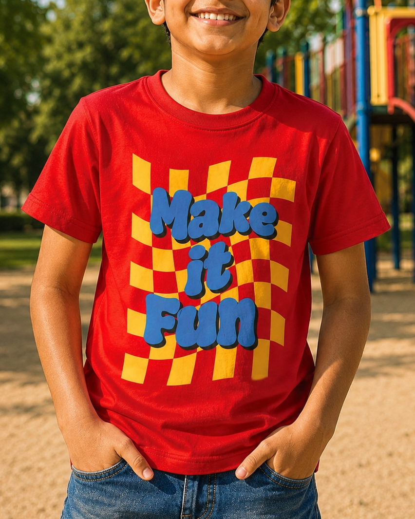 Red colour Kids T shirt with Make it fun print