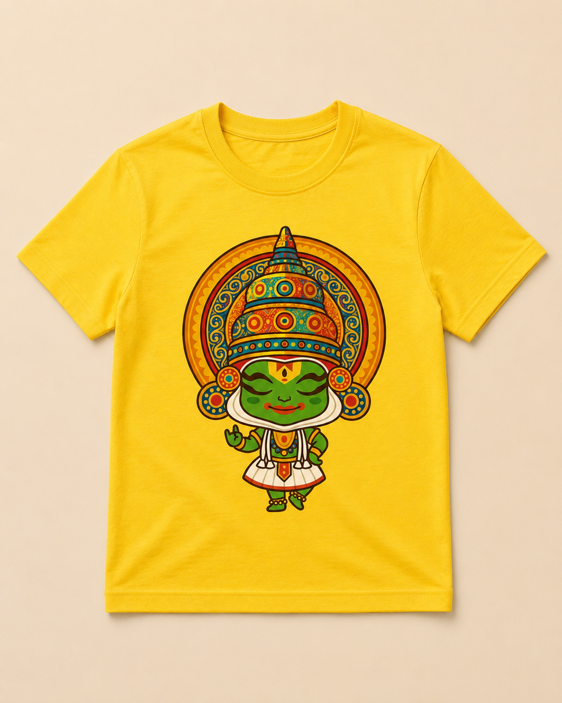 Kids Yellow T-shirt with cute Kathakali print placed on beige colour background