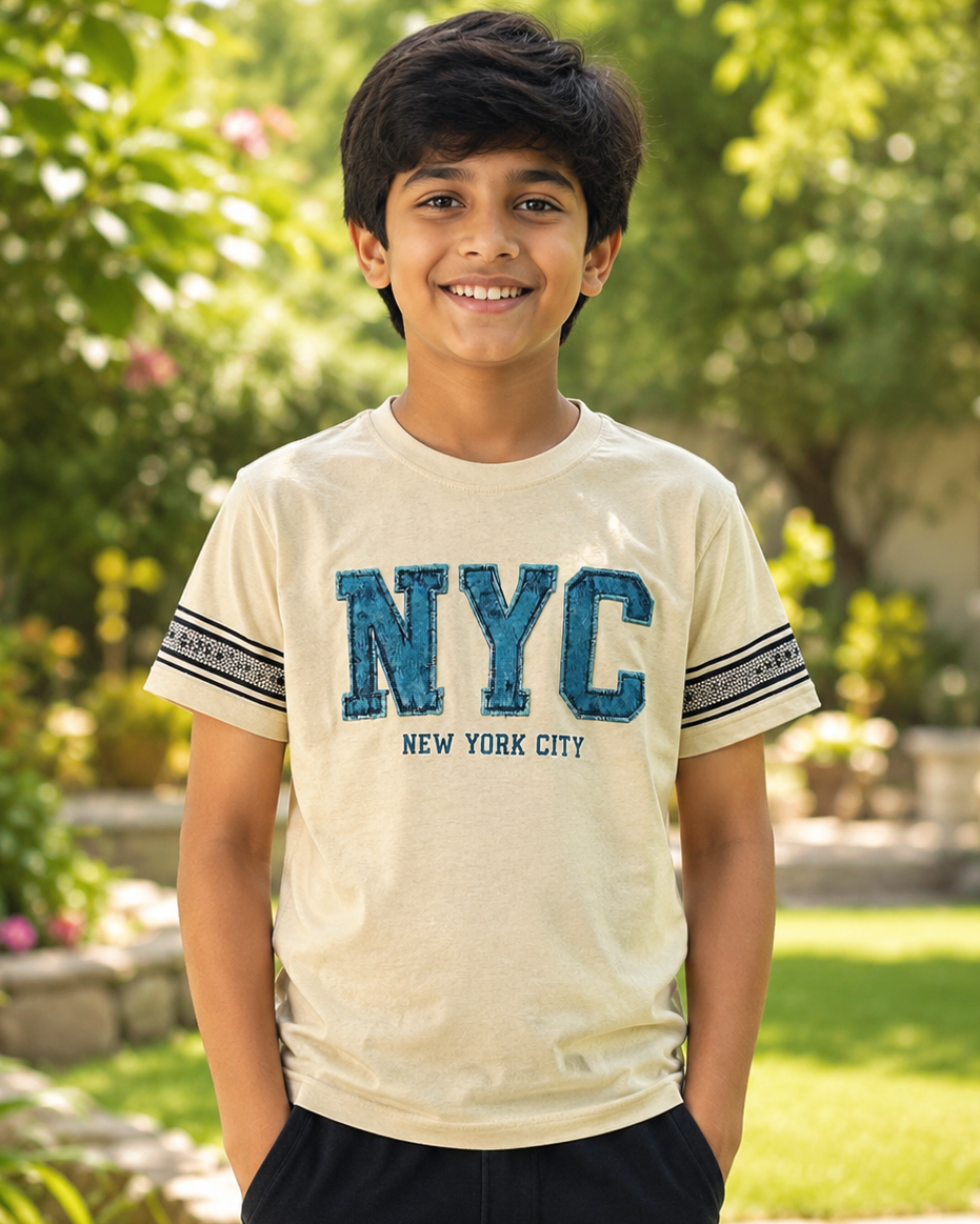Boy wearing a  Yellow T-shirt with denim NYC print  