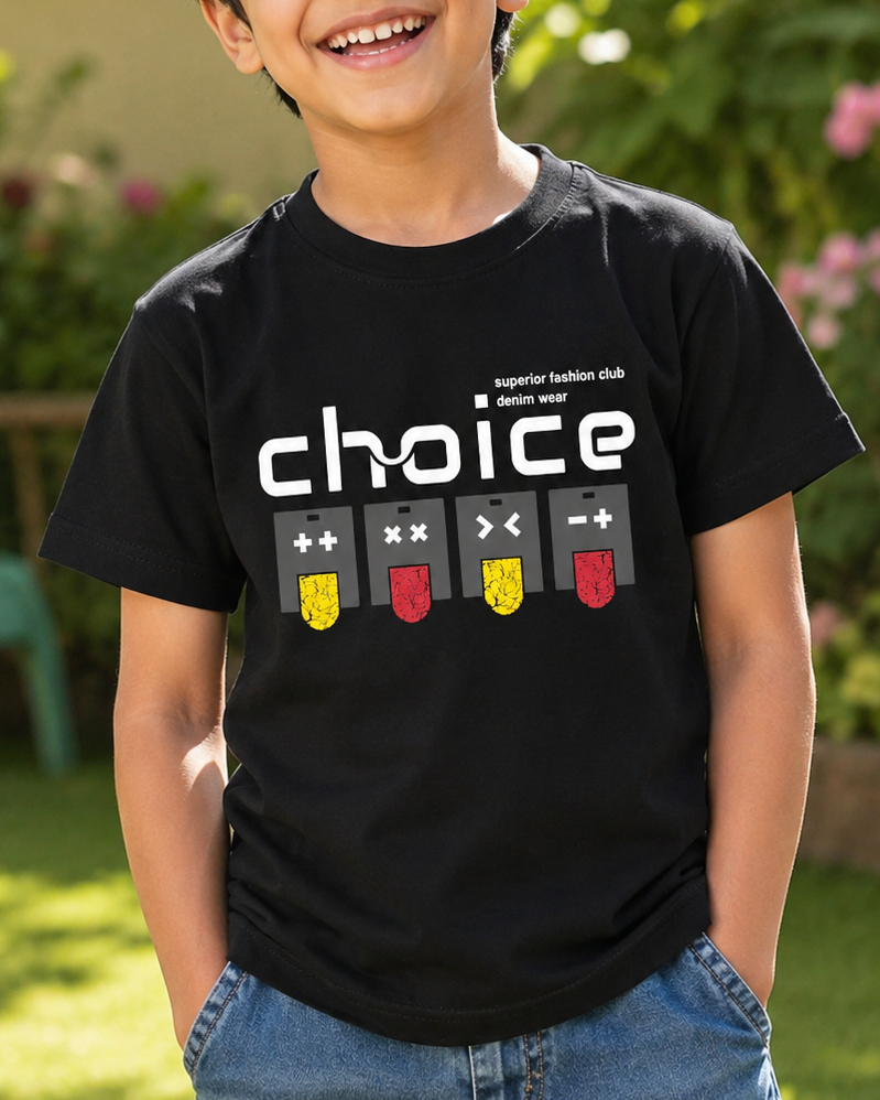 Boy wearing a black t-shirt with Choice print details with gaming symbol close view of print