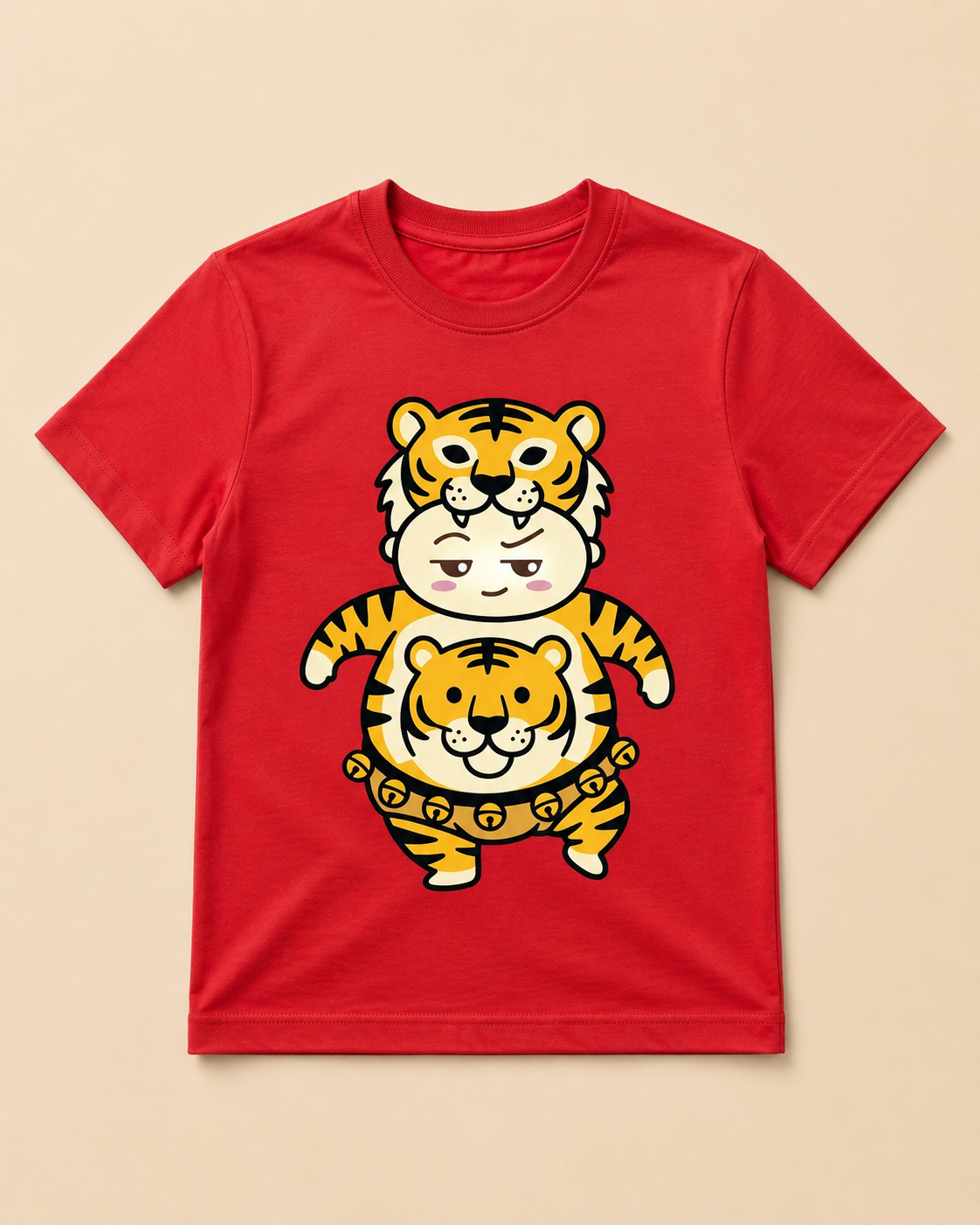 Kids  red T-shirt with cute Pulikali print placed on beige background