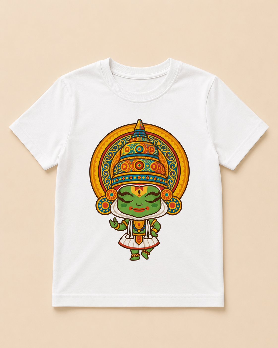 Kids  white T-shirt with cute Kathakali print placed on beige background
