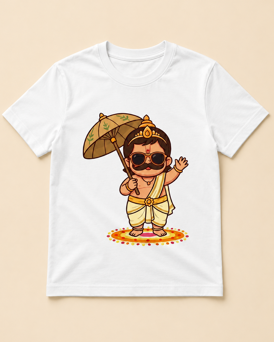 Kids white T-shirt with cute Maveli print placed on beige colour background
