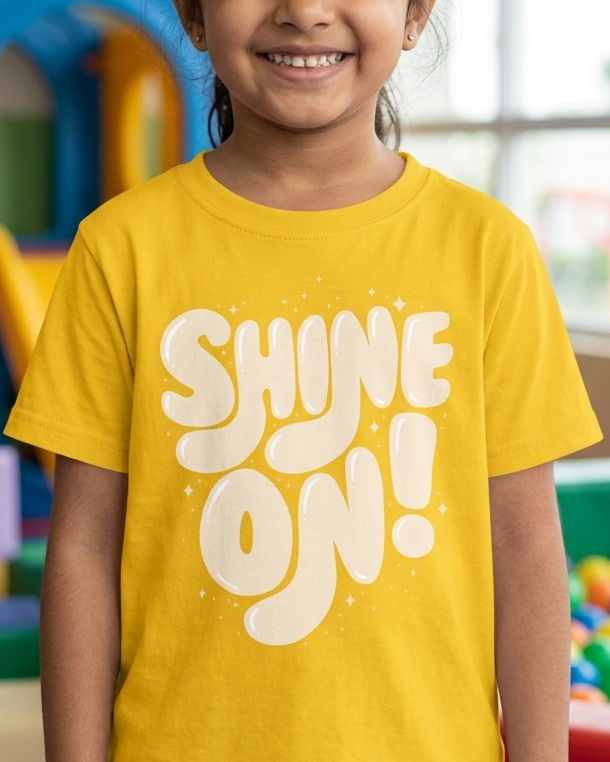 Kids yellow tshirt saying shine on