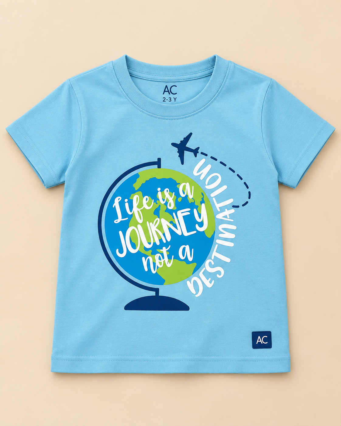 Life is a Journey Blue Half sleeve T-shirt placed on the light beige background