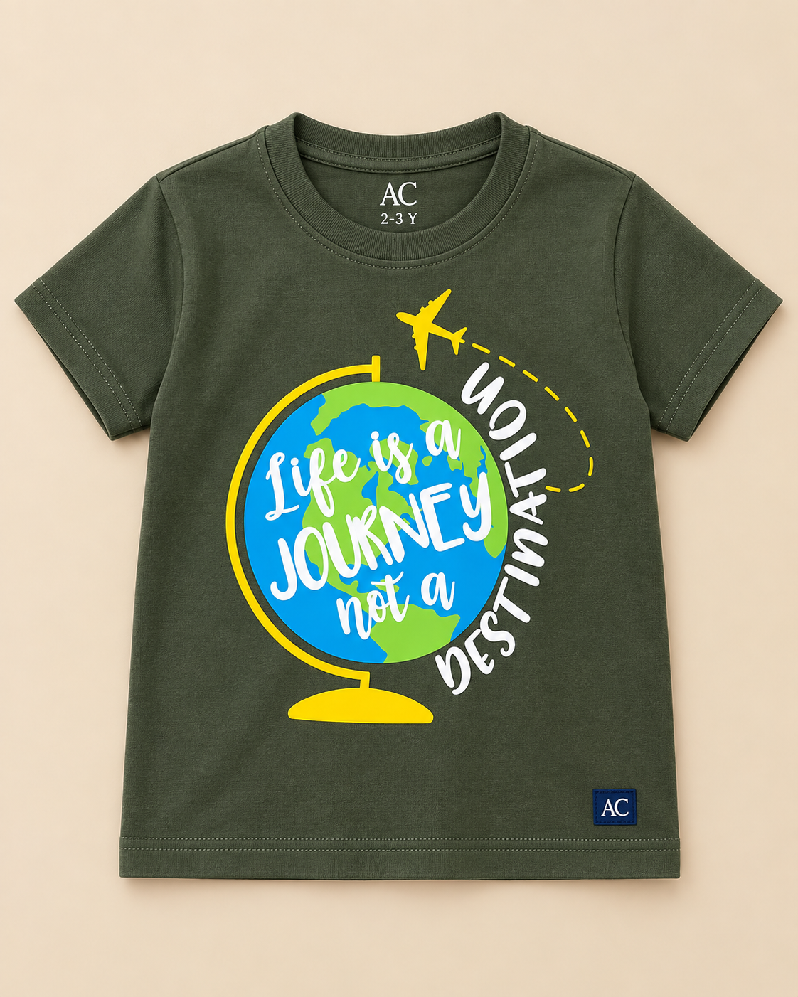 Life is a Journey Olive Green Half sleeve T-shirt placed on the light beige background