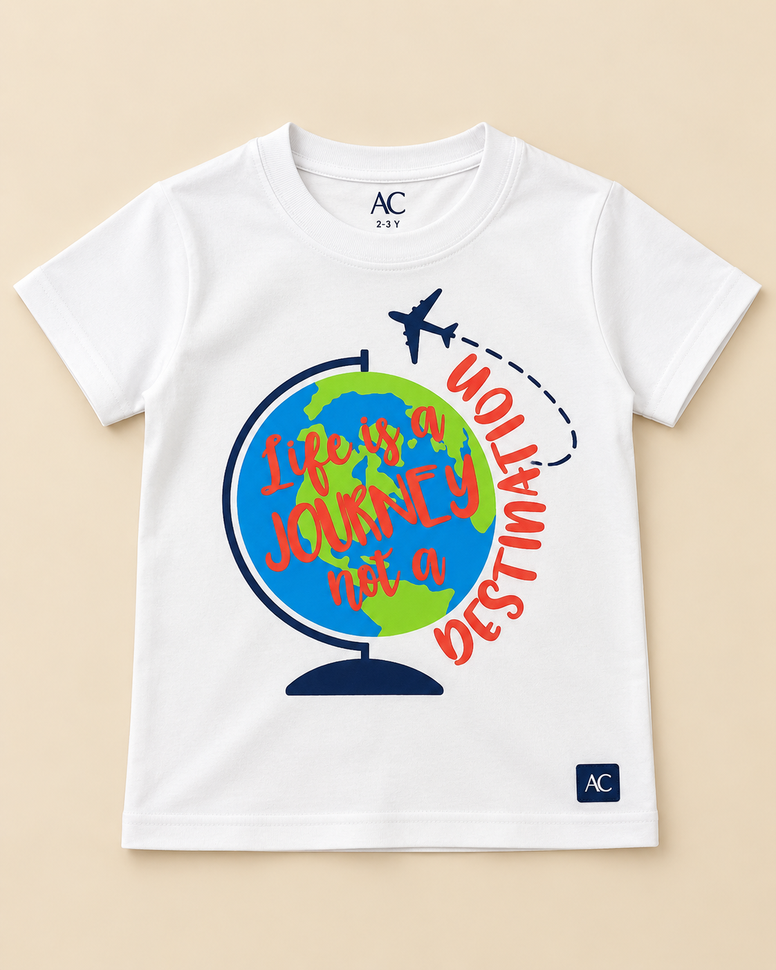 Life is a Journey White Half sleeve T-shirt placed on the light beige background