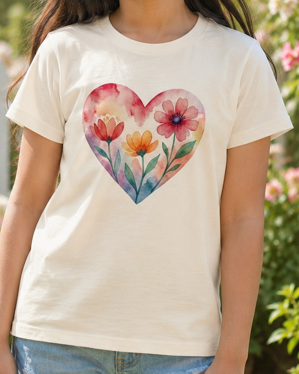 Floral design in Heart print Kids Light Beige T-shirt close view