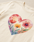Light Beige Kids T-shirt with Heart floral print design close view of print