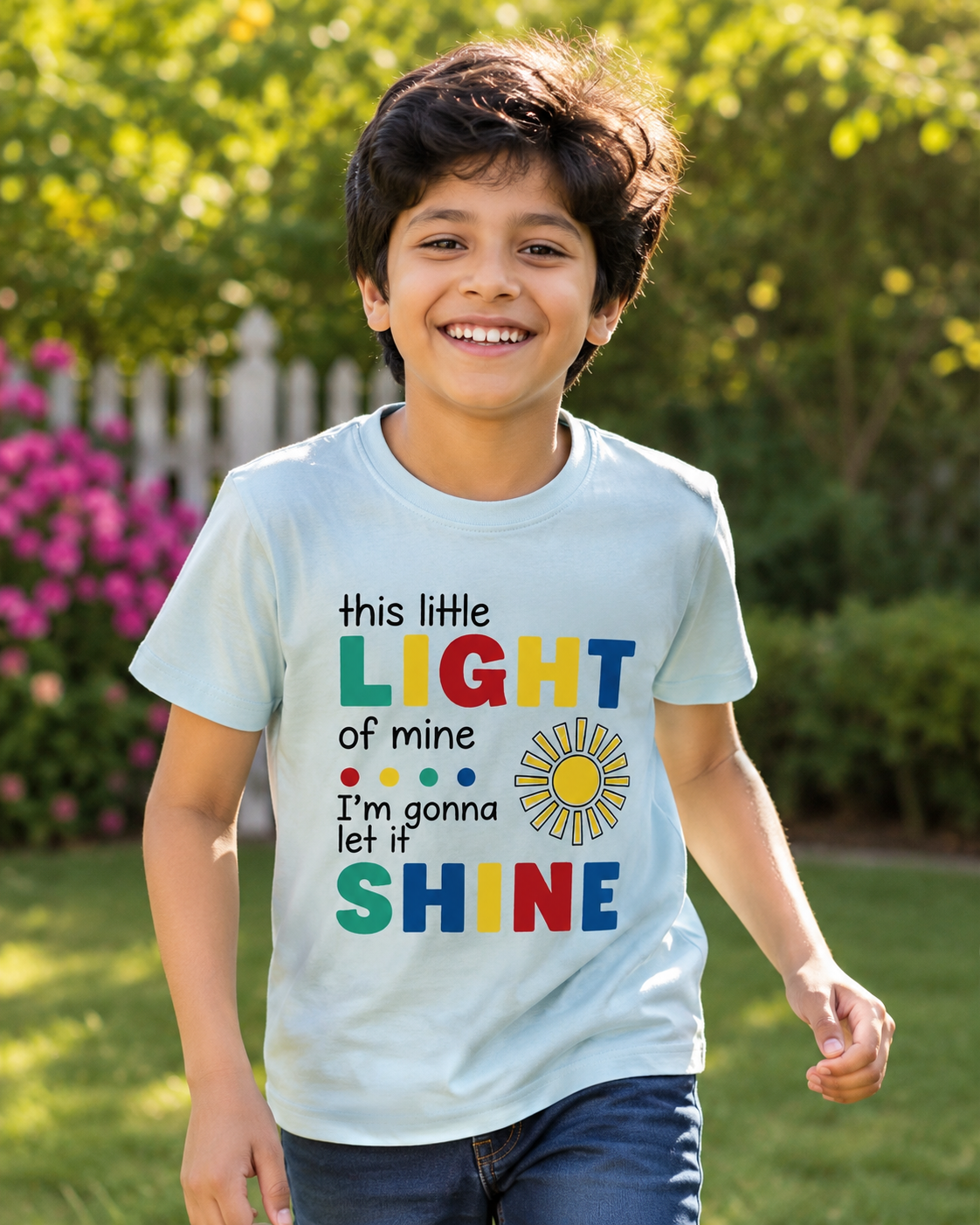 Boy wearing a Light blue T-shirt with colourful Little Light print