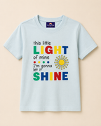 Light blue T-shirt with colourful Little Light print placed on beige background