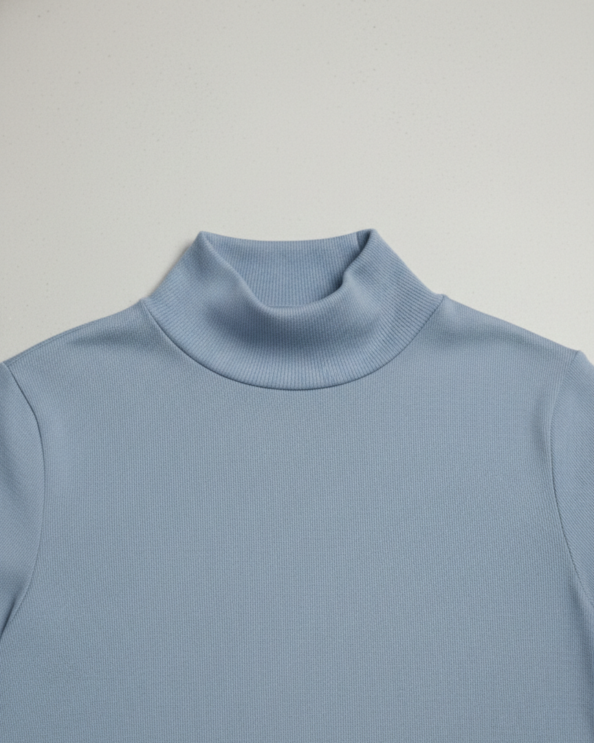 Light blue turtleneck sweater on a gray background
