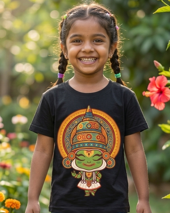Girl wearing a Little Kathakali Black Kid's Half Sleeve T-Shirt