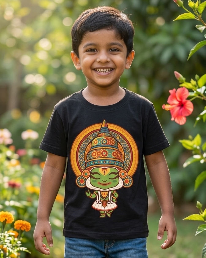 Boy wearing a Little Kathakali Black Kid's Half Sleeve T-Shirt