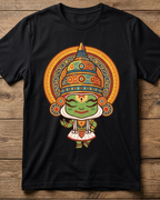 Little Kathakali Black Kid's Half Sleeve T-Shirt placed on wooden background