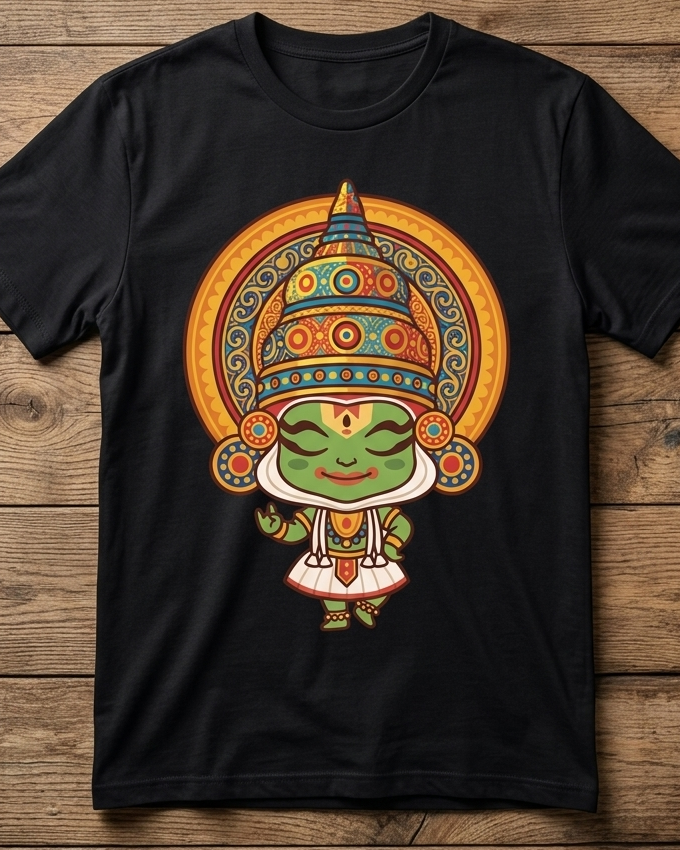 Little Kathakali Black Kid's Half Sleeve T-Shirt placed on wooden background