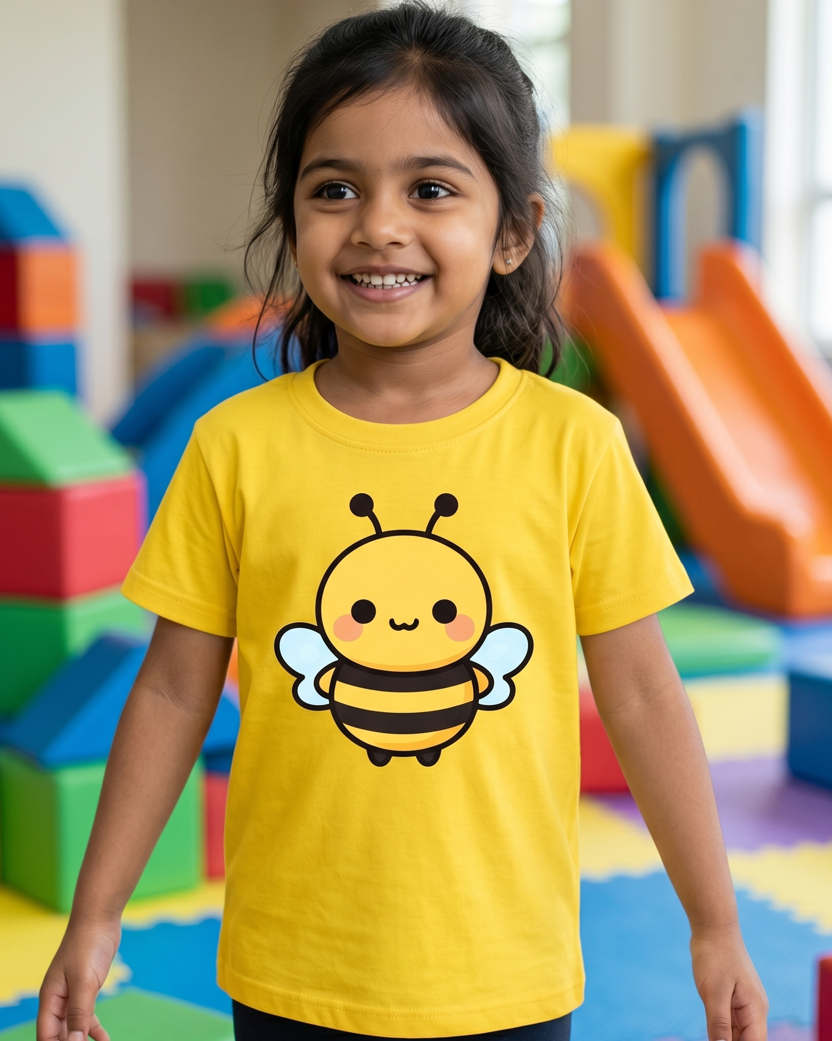 Little girl wearing a tshirt with a cute bee design in it