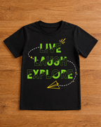  Live Laugh Explore Kids Black  T shirt print placed in the wooden background