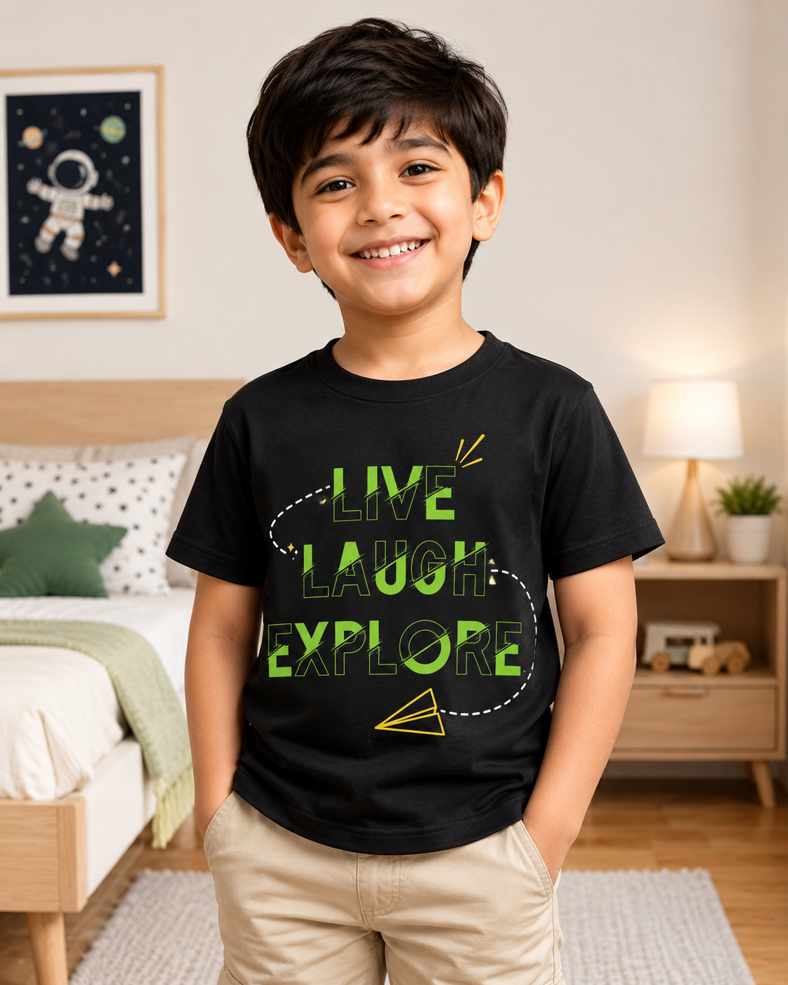 Boy wearing a Live Laugh Explore Kids Black  T shirt print