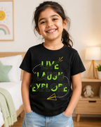 Girl wearing a Live Laugh Explore Kids Black  T shirt print