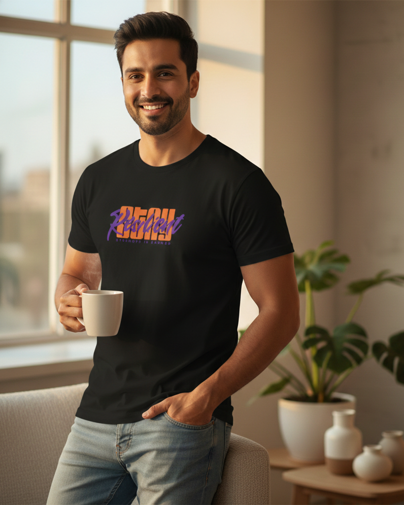 Man holding a coffee cup in a room with a window and plants